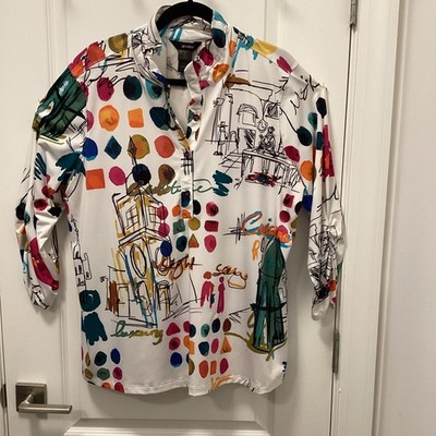 Ali Miles Plus Women 1X Multicolor Abstract Art Collared 3/4 Sleeve Blouse