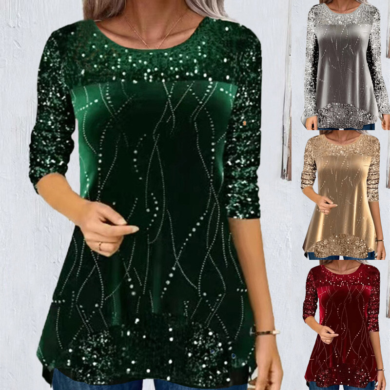 Women Sequin Glitter Long Sleeve Tops Blouse Party Christmas Tee Shirt SIZE  6-20
