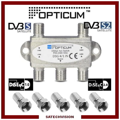 Commutateur DiSEqC 4/1 Opticum & 5 Fiches F à Visser HD 3D 4K - Photo 1/3
