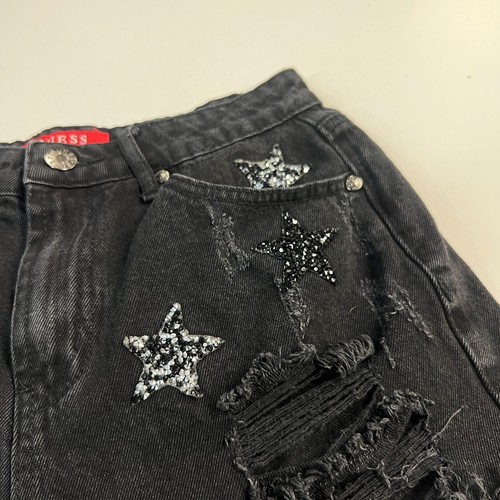 GUESS Black Denim Cut Off Jean Shorts Size 26 Sequin Star Patches Distressed - Picture 3 of 10