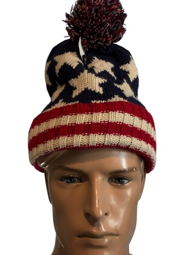 Parquet American Flag Knit Pom Beanie Toque Ski Hat with Stars - Picture 2 of 7