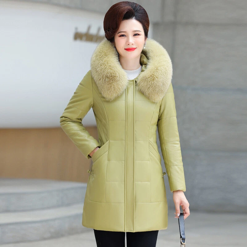 Winter Women's Real Fox Fur Collar Down Jacket Overcoat Mid Long Outwear Leather - Image 3 of 4