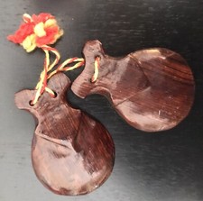 Vintage Souvenir Set of Flamenco Percussion Instrument Solid Dark Wood Castanets