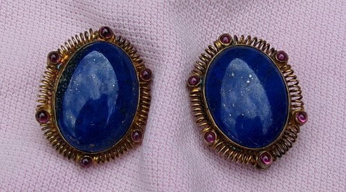 Vintage Retro Art Deco Gilt Sterling Silver Garnet Lapis Cabochon Clip Earrings