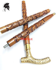 Antique Hand Carved Wooden Walking Stick Cane Solid Brass Handle Vintage Gift