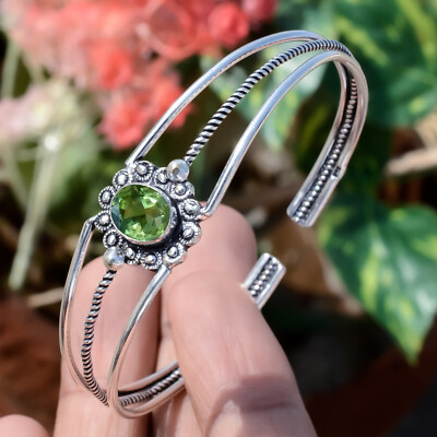 Exquiste Peridot Faceted Gemstone Bracelet 925 Sterling Silver Cuff Woman Bangle