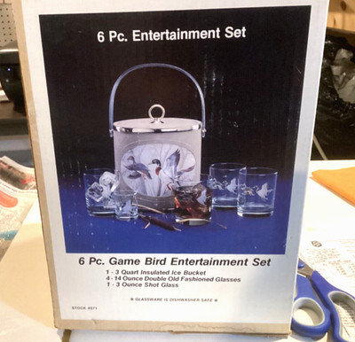 1960's Vintage Six Piece Liquor Set Ice Bucket And Glasses Gamebird NIB
