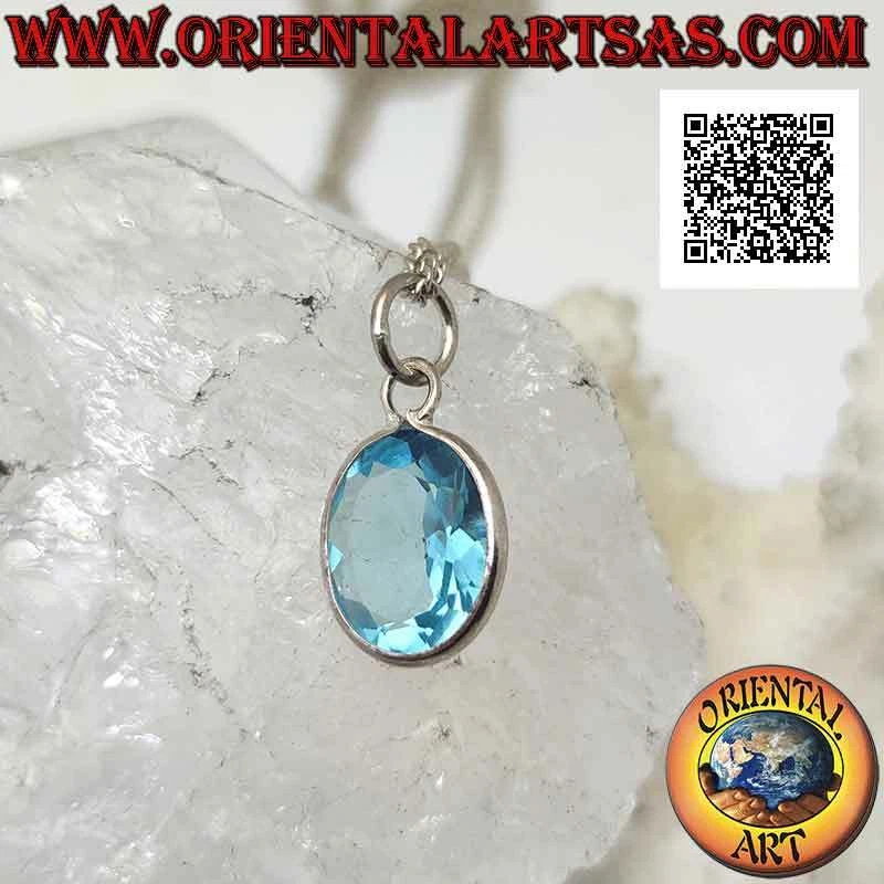 Ciondolo in argento 925‰ topazio blu ovale su montatura semplice con bo - Immagine 2 di 4