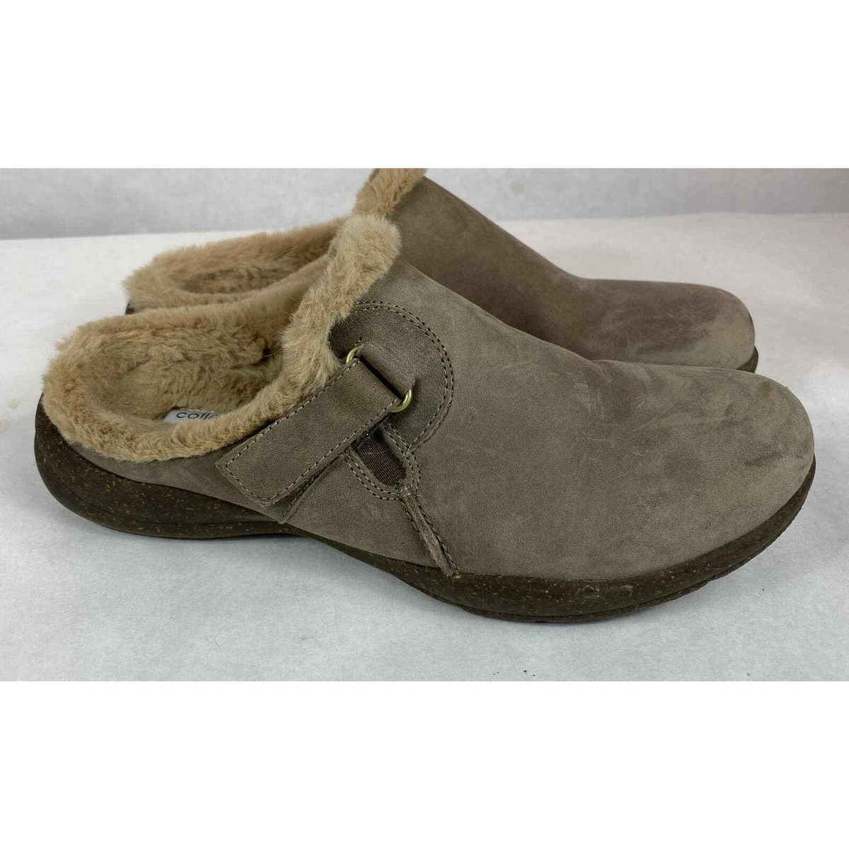 Clarks Women s Mule Size 5 M Gray Suede Faux Fur Lined Slip On