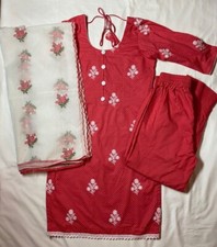 White  Red Floral Polka Dot Cotton Punjabi Palazzo Suit Stitched 3pc set 