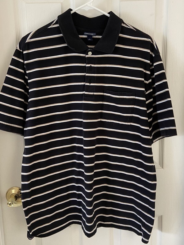 MEN'S POLO SHIRT - BLACK WITH GOLD & WHITE STRIPES BY CHEROKEE -- SIZE : MEDIUM