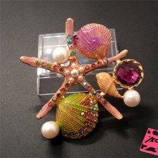 Purple Enamel Starfish Shell Crystal Fashion Women Charm Brooch Pin Gift