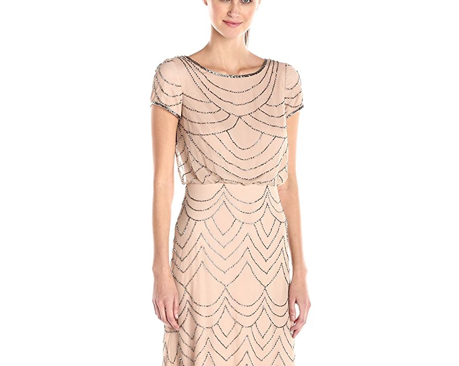Vestido Adrianna Papell Manga Corta Blusa Cuentas Rosa Taupe talla 6p Nuevo con Etiquetas $260 Foto 4 de 4