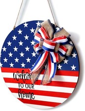 Patriotic Welcome Wreath Sign for Front Door 4th of July Wooden Ornaments 12" Re