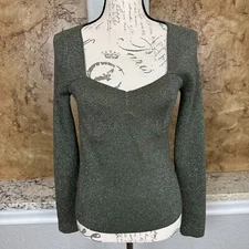 House of Harlow 1960 Green Metallic Sweetheart Neck Long Sleeve Knit Top Sz L