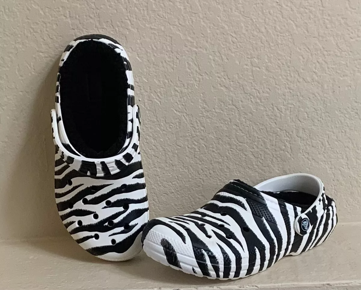 NEW Crocs Classic Lined Animal Print Clog Black Zebra Print