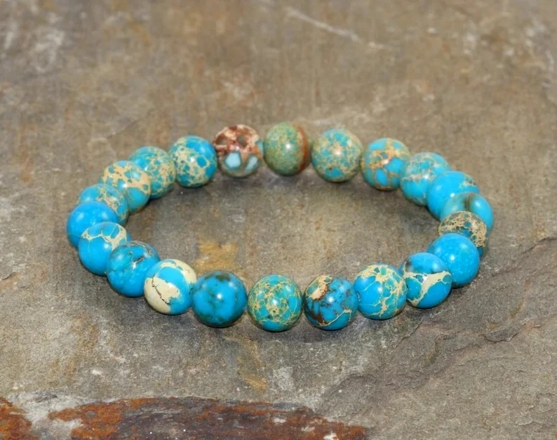 Brazalete elástico natural azul sedimento marino jaspe 8 mm cuentas curación hombre mujer Foto 3 de 4