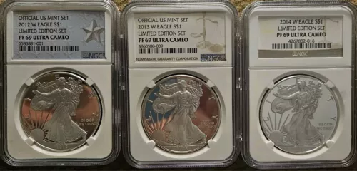 2012, 2013, 2014 W PF69 Silver Eagle Limited Edition Set NGC (No Blemishes)