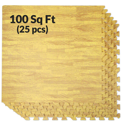 100 SqFt 3/8'' Wood Grain Foam Mat Interlocking Tile Flooring 25pcs Oak