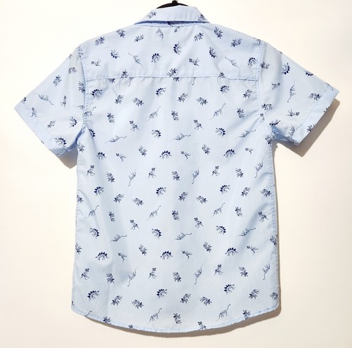 Boys Bold Blue Short Sleeve Button Up Shirt Dinosaur Skeleton Print Size Medium - Picture 2 of 9