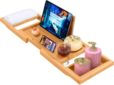 Ausziehbar Holz Bambus Badewanne Caddy Tablett Regal Handy Tablet Buch Halter
