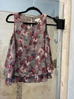 Loft Gray Pink Peacock Cloud Floral  Hem Flutter  Sleeveless Top Swing  XS