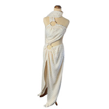 Ivory Cream Maxi Dress Textured Ring Detail Cut Out Neck Wrap High Slit