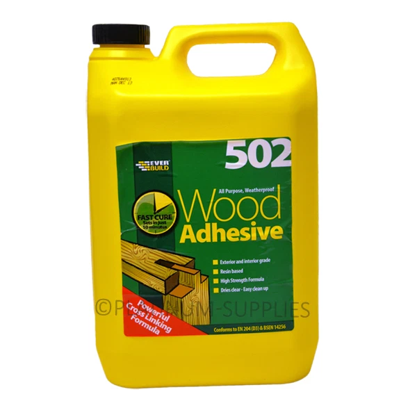 5 LITRE 502 ALL PURPOSE WEATHERPROOF WOOD ADHESIVE GLUE EVERBUILD DRIES CLEAR
