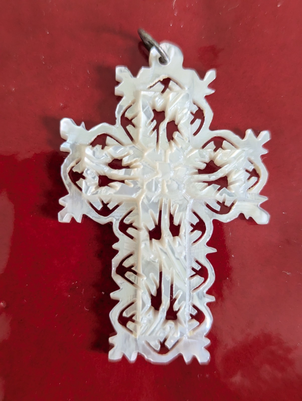 Vintage Hand Carved Mother Of Pearl Cross Engraved W/ Bethlehem On The Back!