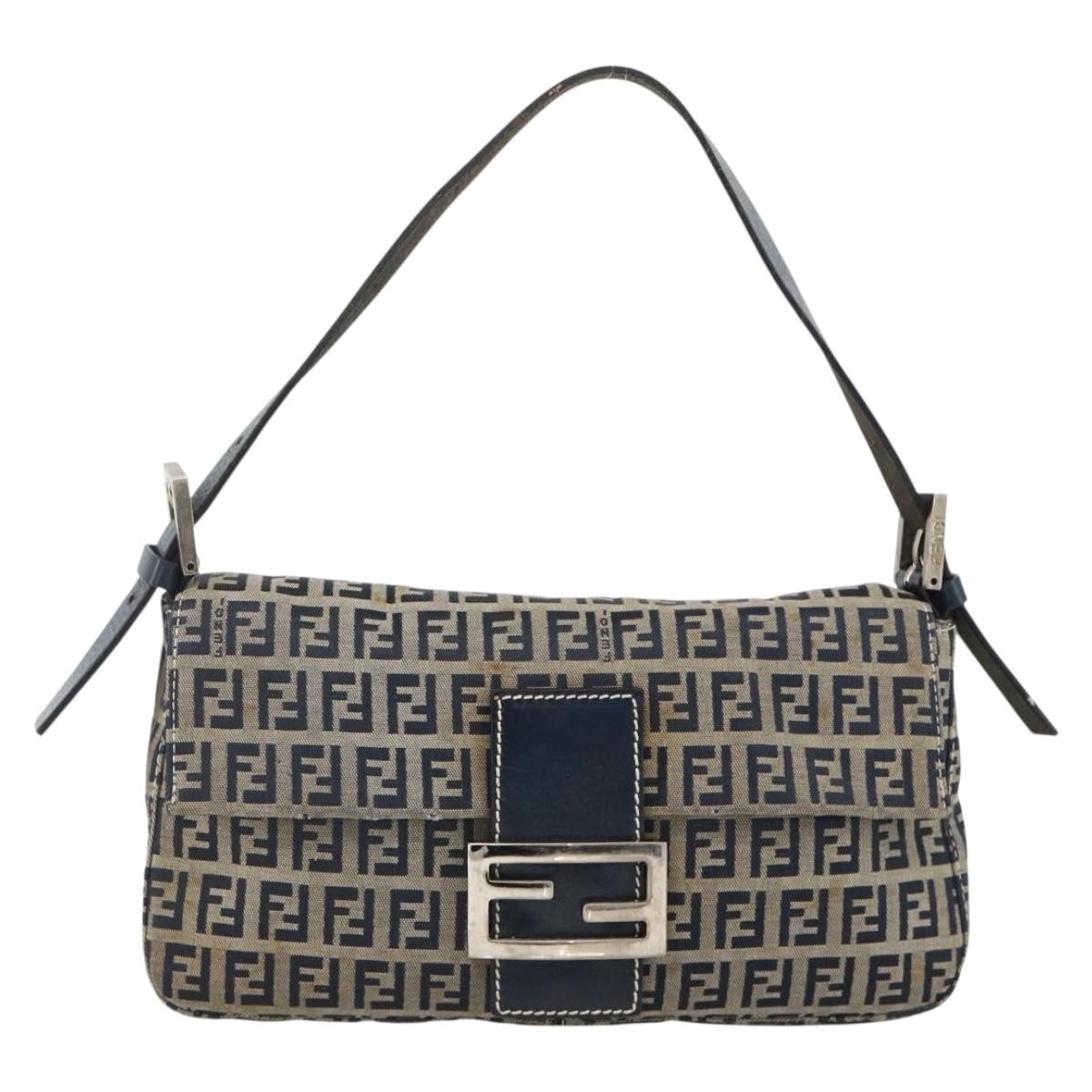 FENDI Zucchino Canvas Mamma Baguette Shoulder Bag Navy Silver Auth