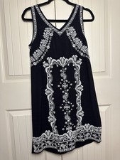 Anthropologie THML Women’s Sleeveless V Neck Dress Black White Embroidery Med