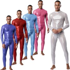 Men Jumpsuit Long Sleeve Unitard Undershirt Bodysuit Crotch Rompers Club Opaque