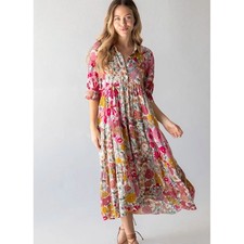 Natural Life Rebecca Midi Dress S Vintage Floral Pink Tiered Boho Cottagecore