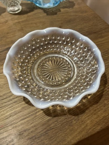 Vintage Anchor Hocking Moonstone Opalescent Hobnail Ruffle Edge Candy Dish