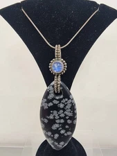 Snowflake Obsidian & Rainbow Moonstone Sterling Silver Pendant 20g Necklace 18"