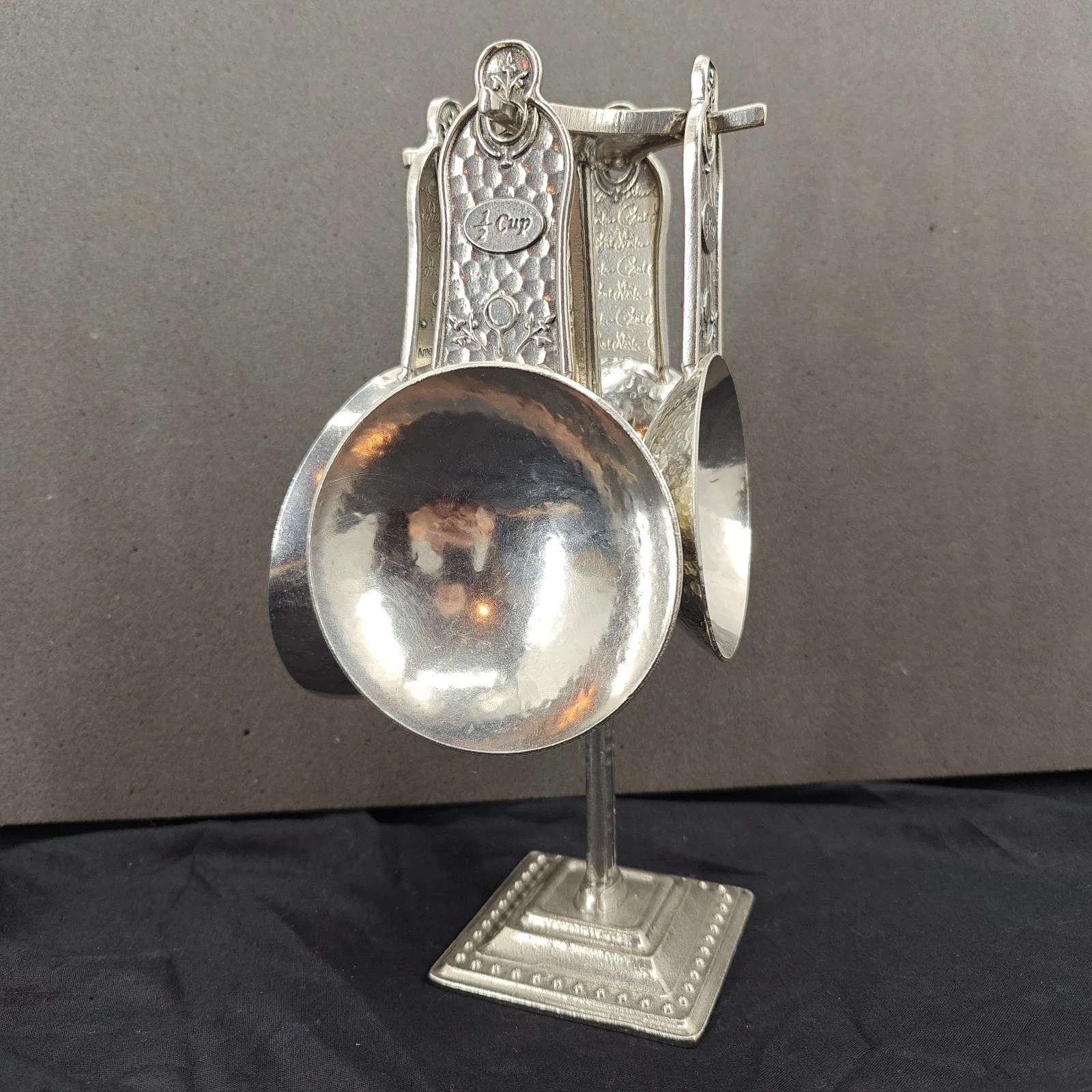 Crosby & Taylor Silver Pewter Measuring Cups Display Tree Stand RARE
