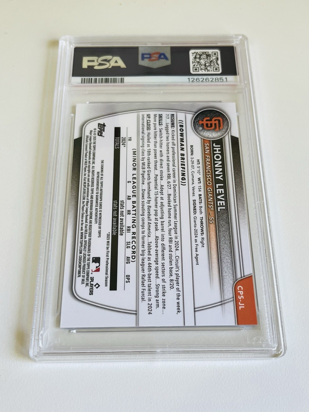2025 Bowman Sapphire Chrome Jhonny Level Prospect AUTO /199 PSA 8 DNA 10 Giants view 2