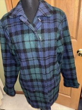 VTG Pendleton Tartan Green Blue Plaid Jacket Pea Coat 100 Wool Women Petite