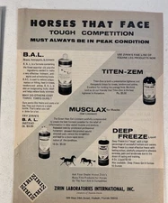 1970 Zirin Horse Liniment Ad 8.5x11 BAL, Titen-Zem, Deep Freeze, Vintage Vet