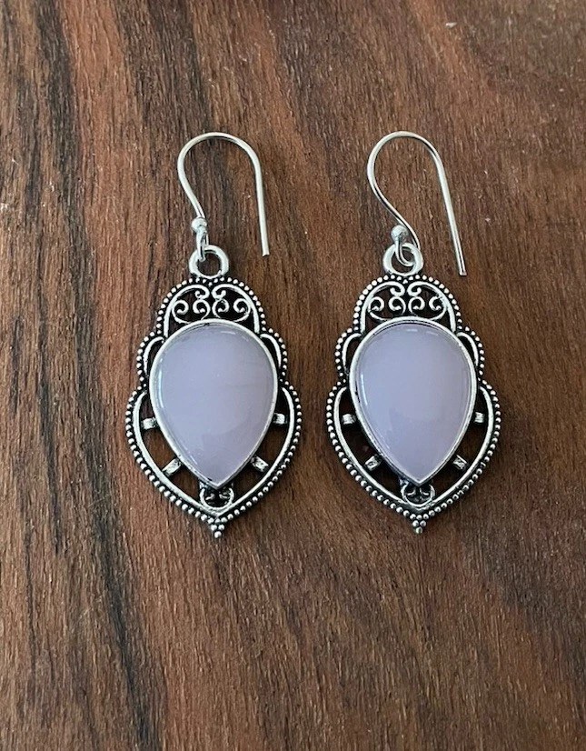 Pendientes de cristal de piedras preciosas artesanales de calcedonia rosa - enchapados en plata - nuevos Foto 2 de 3