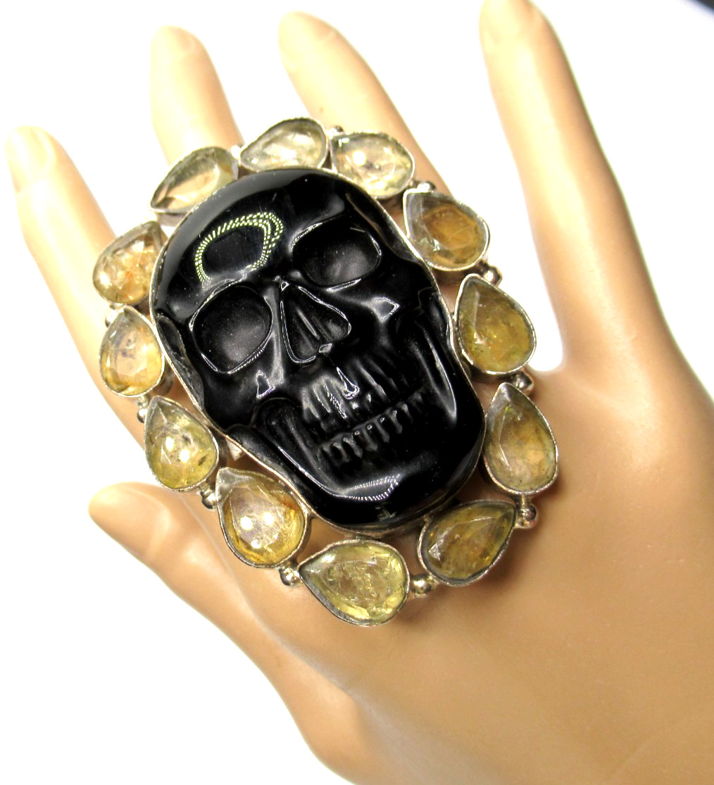 Amazing Carved Black Skull Yellow Citrine HUGE Ring - second product detail image