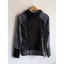 Reebok Womens Striped Running Hoodie Black Grey Scuba Pullover Thumbholes Small