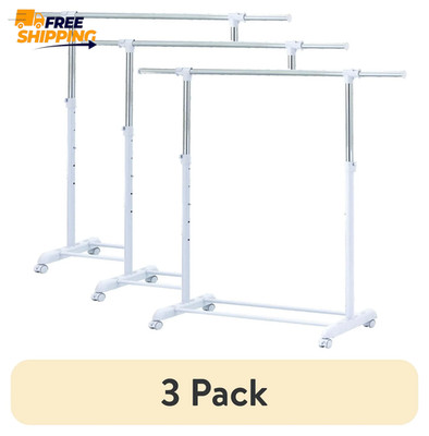 (3 Pack) Adjustable Metal Rolling Garment Clothes Rack, Chrome & White   
