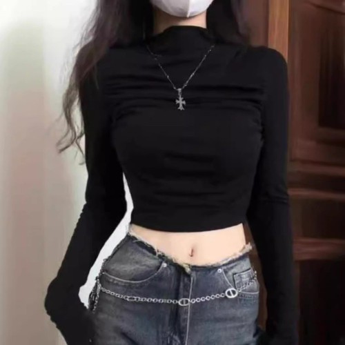 Long Sleeve Womens Basic Crop Tops Featuring a Stylish Half Turtleneck - Picture 7 of 32