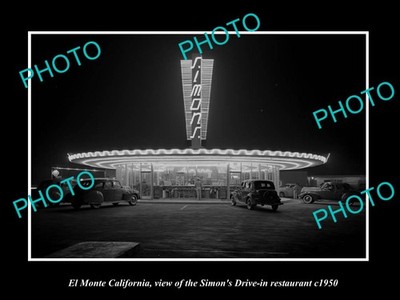 OLD LARGE HISTORIC PHOTO EL MONTE CALIFORNIA SIMONS DRIVE IN RESTAURANT c1950