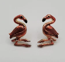 Flamingo Pierced Earrings 0.75in Gold Tone Glossy Pink Enamel Zoo Beach Bird