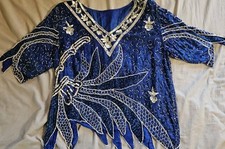 Vintage APU Beaded 80s Disco Flapper Blue Sequin Top