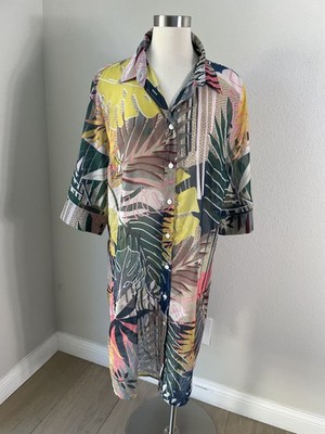 Selection by Ulla Popken Shirt Womens 16/18 Multicolor Sheer Button Up Tropical