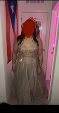 Champagne Pink Glitter Formal Gown with Lace Bodice and Spaghetti Straps