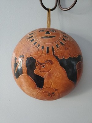 Vintage Peru Hand-Carved Gourd Folk Art  wall hanging cats Isperanza Palomino